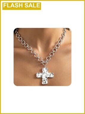 Chunky Hammered Cross Pendant Necklace Stainless Steel 18 Inch